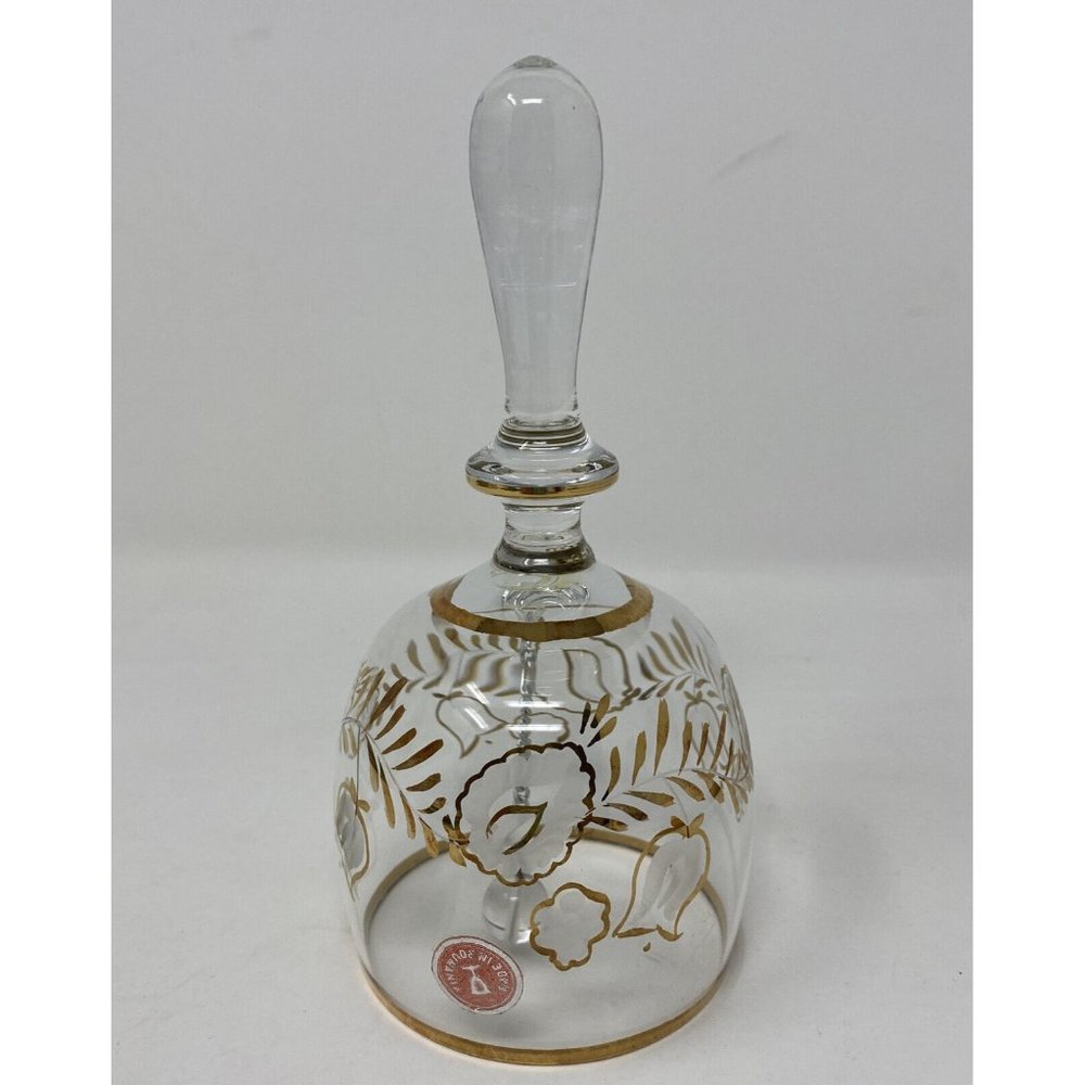 Vintage Polish Hand Blown Etched Glass Bell Gold Trim Made In Poland